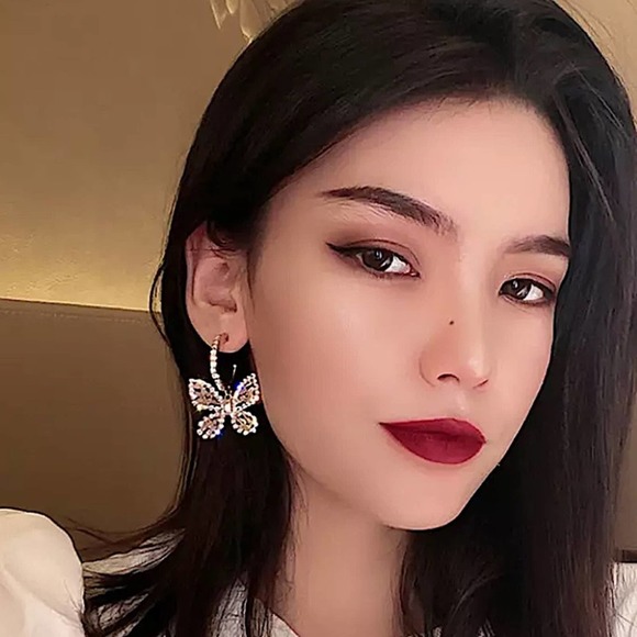 Gold 18K GP Diamond Butterfly Dangle Earrings - Picture 4 of 6